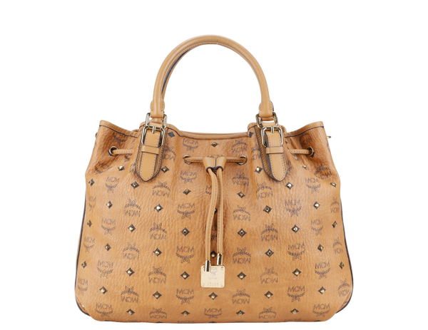 MCM VISETOS TWO WAY BAG BROWN CALFSKIN LEATHER GOLD HARDWARE WITH STRAPS, DUST COVER AND CARD