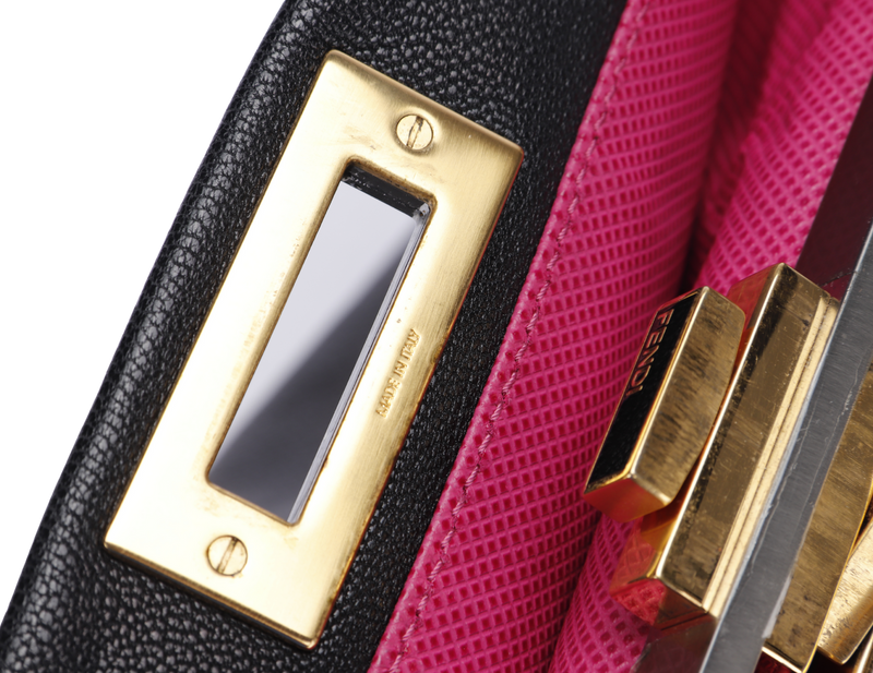 Fendi Peekaboo, Large width 40cm, Black Color Goatskin, Pink Color Inner Lining