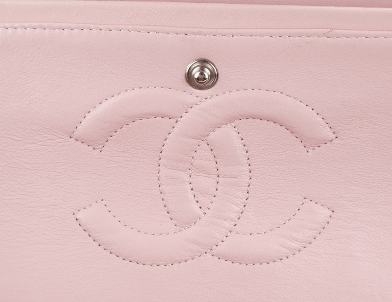 CHANEL CLASSIC FLAP (1004xxxx) MEDIUM PINK TWEED LEATHER SILVER HARDWARE WITH CARD
