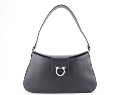 SALVATORE FERRAGAMO BLACK SAFFIANO LEATHER SHOULDER BAG SILVER HARDWARE NO DUST COVER