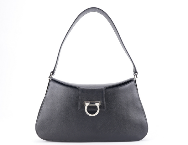 SALVATORE FERRAGAMO BLACK SAFFIANO LEATHER SHOULDER BAG SILVER HARDWARE NO DUST COVER