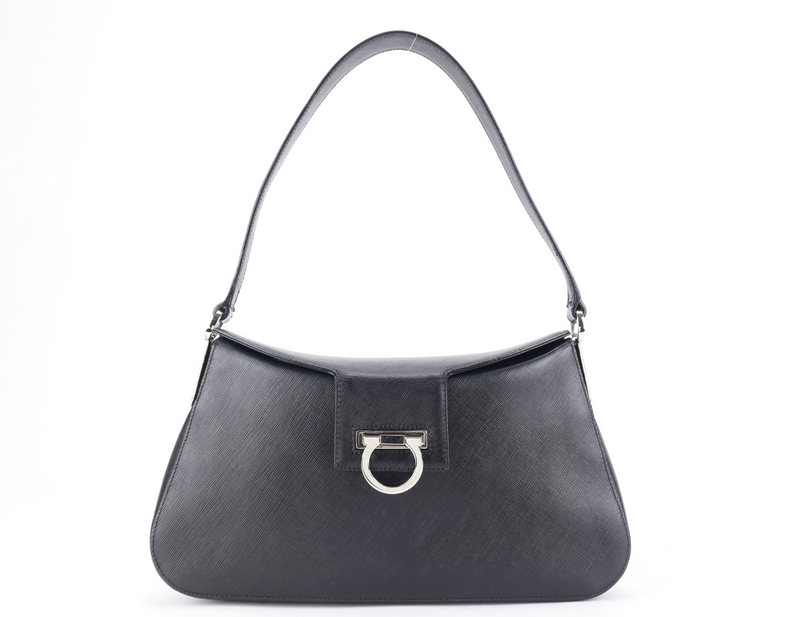 SALVATORE FERRAGAMO BLACK SAFFIANO LEATHER SHOULDER BAG SILVER HARDWARE NO DUST COVER