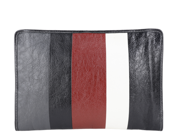 BALENCIAGA STRIPE CLUTCH BLACK, GREY, RED CALF LEATHER SILVER HARDWARE WITH DUST COVER
