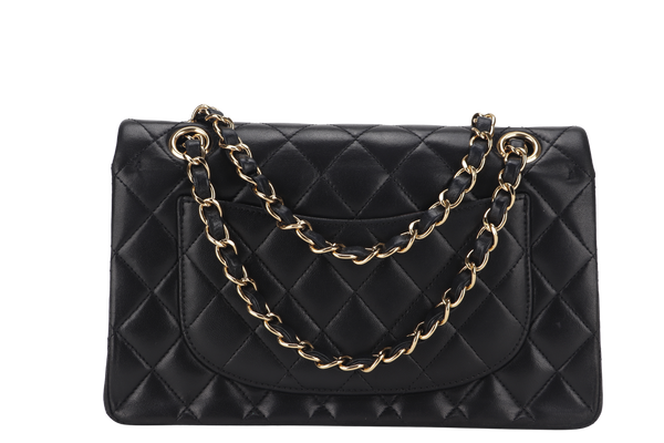 CHANEL CLASSIC FLAP SMALL BLACK LAMBSKIN & GOLD HARDWARE WITH CARD (1547xxxx) WITH DUST COVER AND BOX