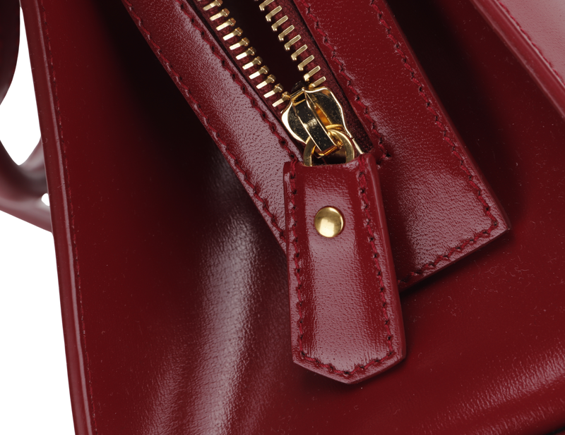 YSL SMALL UPTOWN MAROON BOX LEATHER TOTE, GOLD HARDWARE, WITH STRAP, CARD & DUST COVER