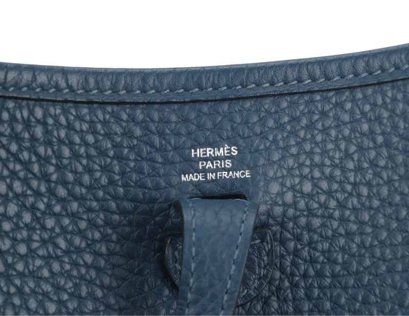 HERMES MINI EVELYNE TPM BLUE COLVERT CLEMENCE LIME STRAP SILVER HARDWARE STAMP X (2016) WITH STRAPS AND DUST COVER