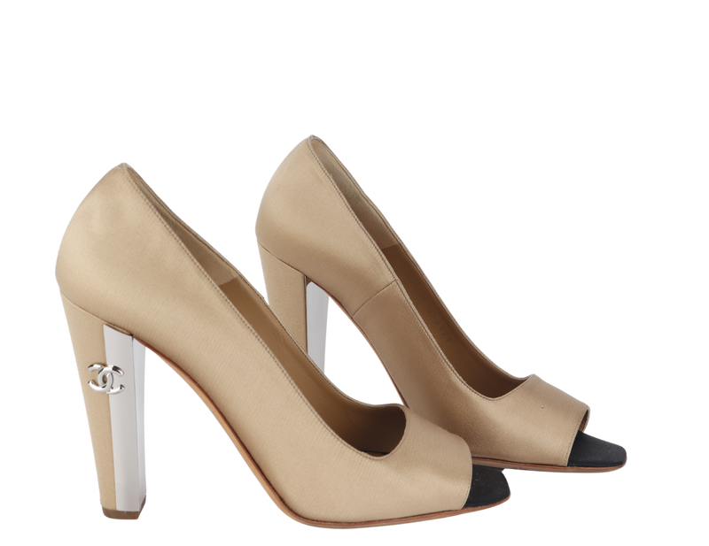 CHANEL OPEN TOE PUMPS BEIGE SATIN LEATHER SIZE 39