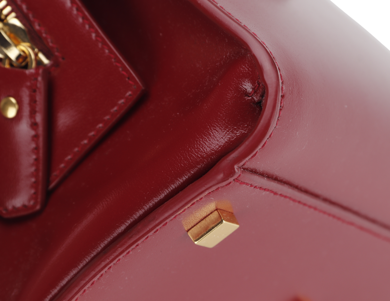YSL SMALL UPTOWN MAROON BOX LEATHER TOTE, GOLD HARDWARE, WITH STRAP, CARD & DUST COVER