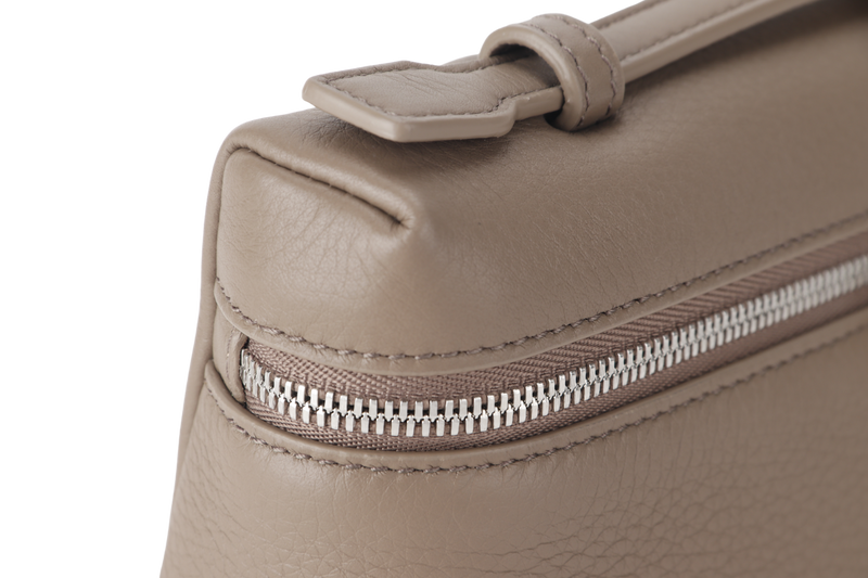 LORO PIANA EXTRA POCKET L19 ETOUPE COLOR GRAINED CALFSKIN WITH STRAP SILVER HARDWARE WITH DUST COVER AND BOX