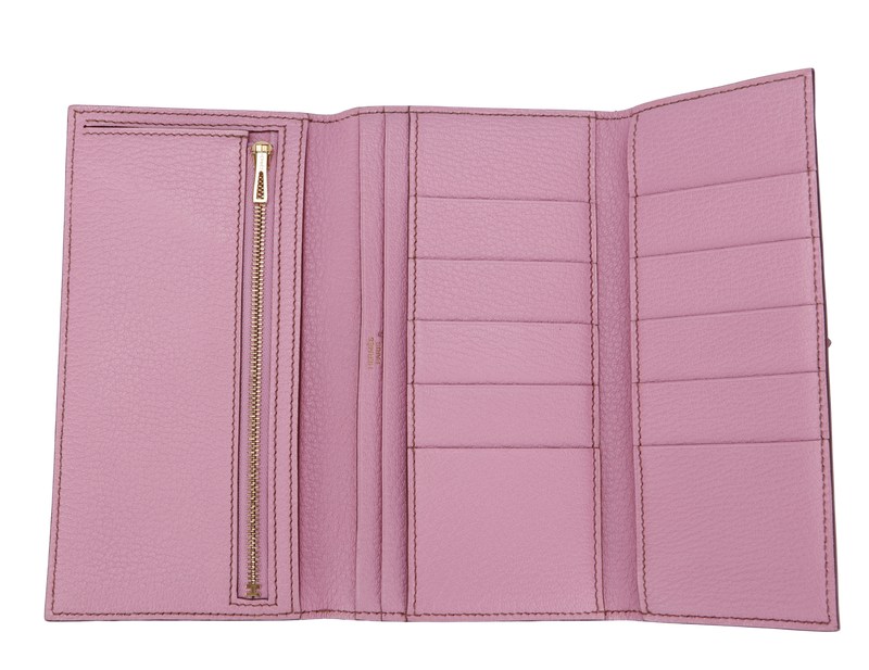 Hermes Bearn Wallet (Stamp M) Triple Fold Rose Sakura Chevre Leather, with Box
