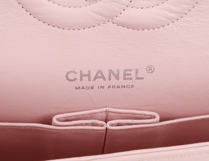 CHANEL CLASSIC FLAP (1004xxxx) MEDIUM PINK TWEED LEATHER SILVER HARDWARE WITH CARD