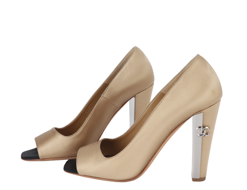 CHANEL OPEN TOE PUMPS BEIGE SATIN LEATHER SIZE 39