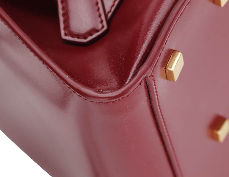 YSL SMALL UPTOWN MAROON BOX LEATHER TOTE, GOLD HARDWARE, WITH STRAP, CARD & DUST COVER