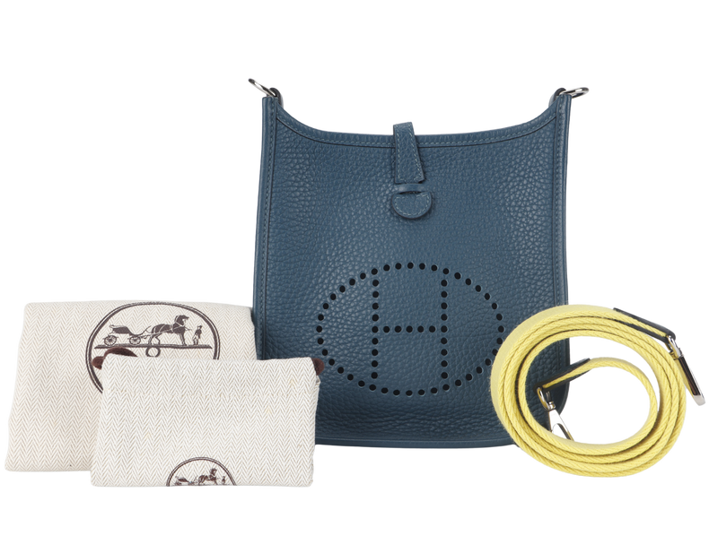 HERMES MINI EVELYNE TPM BLUE COLVERT CLEMENCE LIME STRAP SILVER HARDWARE STAMP X (2016) WITH STRAPS AND DUST COVER