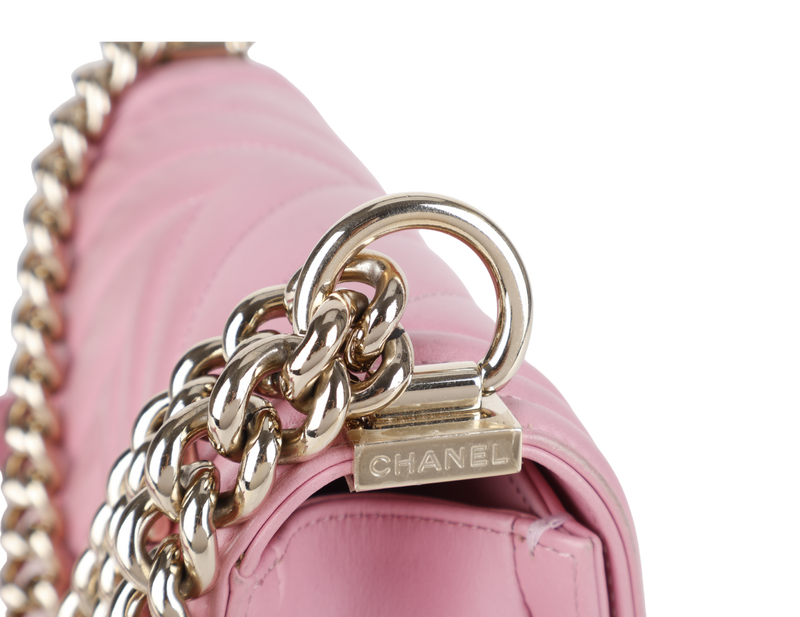 CHANEL LE BOY SMALL (U4TPxxxx) PINK CALFSKIN GOLD HARDWARE WITH DUST COVER AND BOX