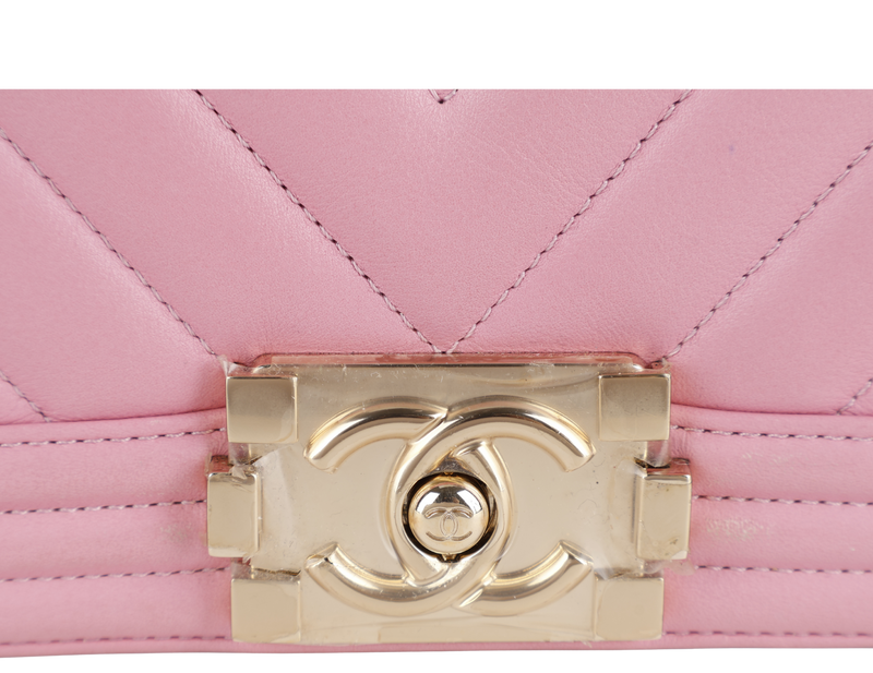 CHANEL LE BOY SMALL (U4TPxxxx) PINK CALFSKIN GOLD HARDWARE WITH DUST COVER AND BOX