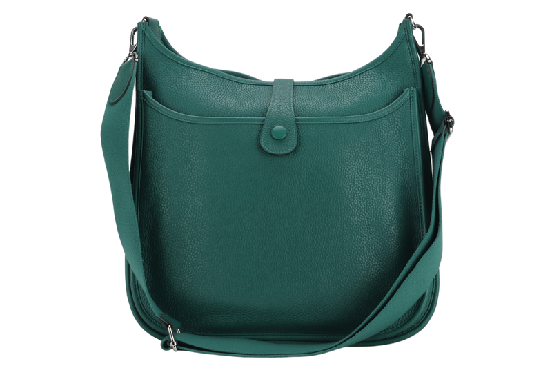 HERMES EVELYNE GM GREEN STAMP C PALLADIUM HARDWARE TOGO LEATHER WITH STRAPS, DUST COVER AND BOX