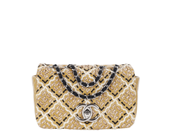 CHANEL MINI TWEED FLAP BAG (1445xxxx) BEIGE PATENT EMBROIDERED SILVER HARDWARE WITH DUST COVER AND CARD