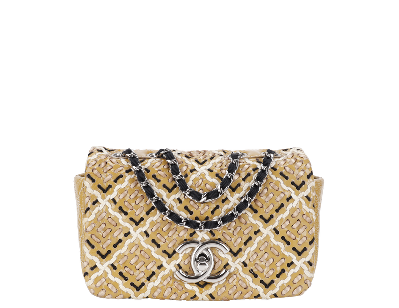CHANEL MINI TWEED FLAP BAG (1445xxxx) BEIGE PATENT EMBROIDERED SILVER HARDWARE WITH DUST COVER AND CARD