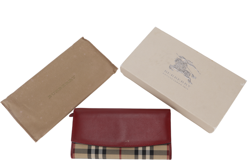 BURBERRY CHECK RED CANVAS LONG WALLET GOLD HARDWARE WITH DUST COVER AND BOX