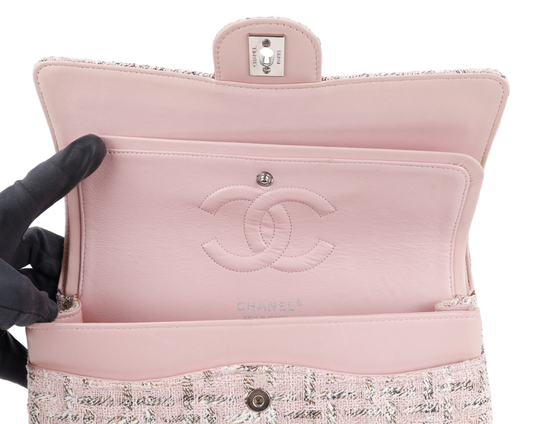 CHANEL CLASSIC FLAP (1004xxxx) MEDIUM PINK TWEED LEATHER SILVER HARDWARE WITH CARD