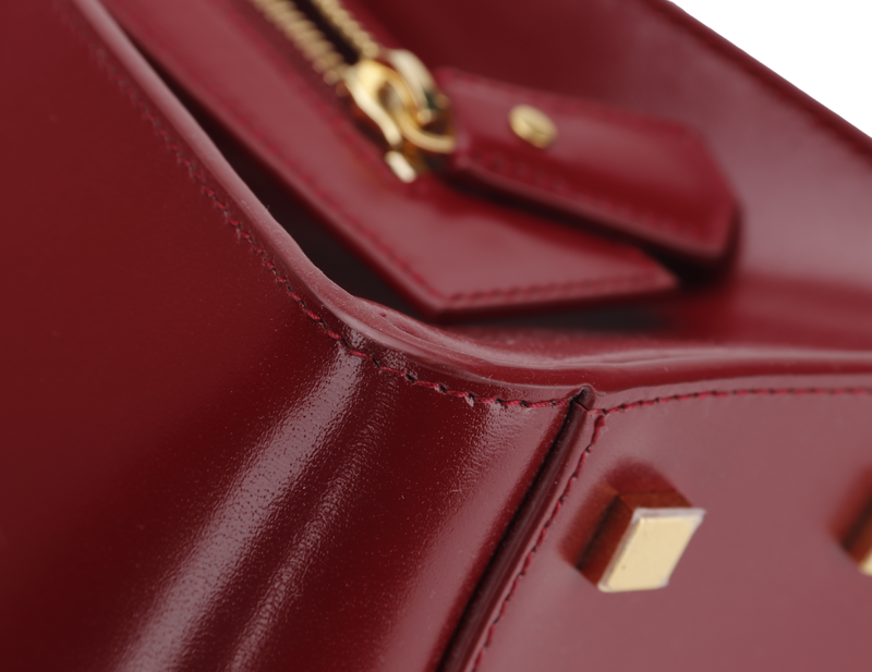 YSL SMALL UPTOWN MAROON BOX LEATHER TOTE, GOLD HARDWARE, WITH STRAP, CARD & DUST COVER