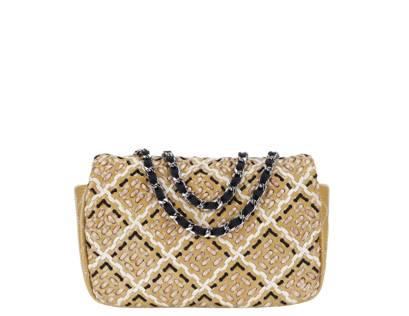 CHANEL MINI TWEED FLAP BAG (1445xxxx) BEIGE PATENT EMBROIDERED SILVER HARDWARE WITH DUST COVER AND CARD