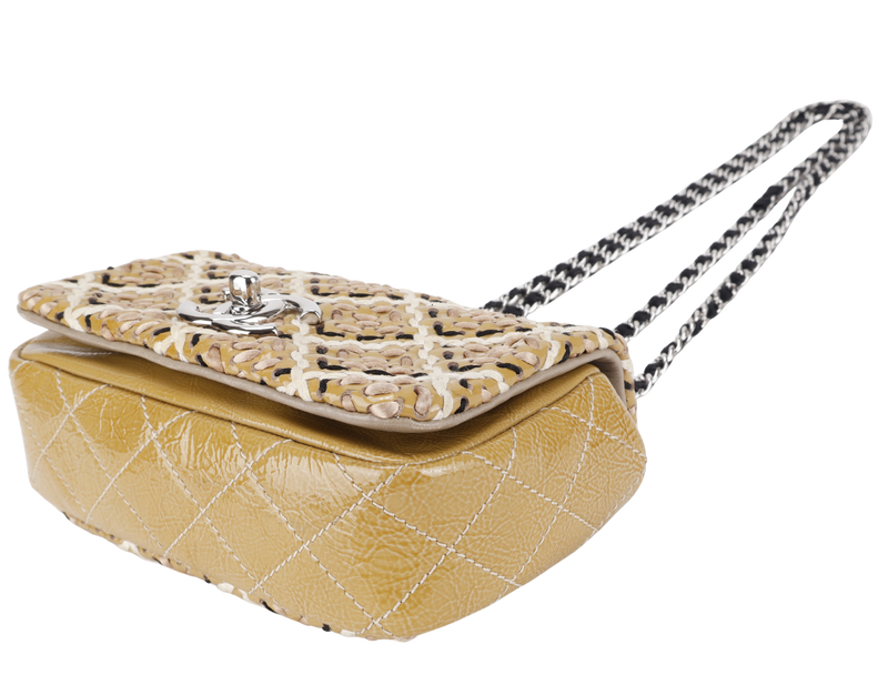 CHANEL MINI TWEED FLAP BAG (1445xxxx) BEIGE PATENT EMBROIDERED SILVER HARDWARE WITH DUST COVER AND CARD