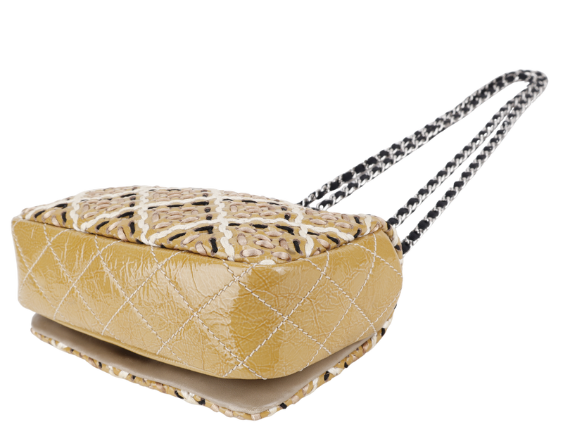 CHANEL MINI TWEED FLAP BAG (1445xxxx) BEIGE PATENT EMBROIDERED SILVER HARDWARE WITH DUST COVER AND CARD