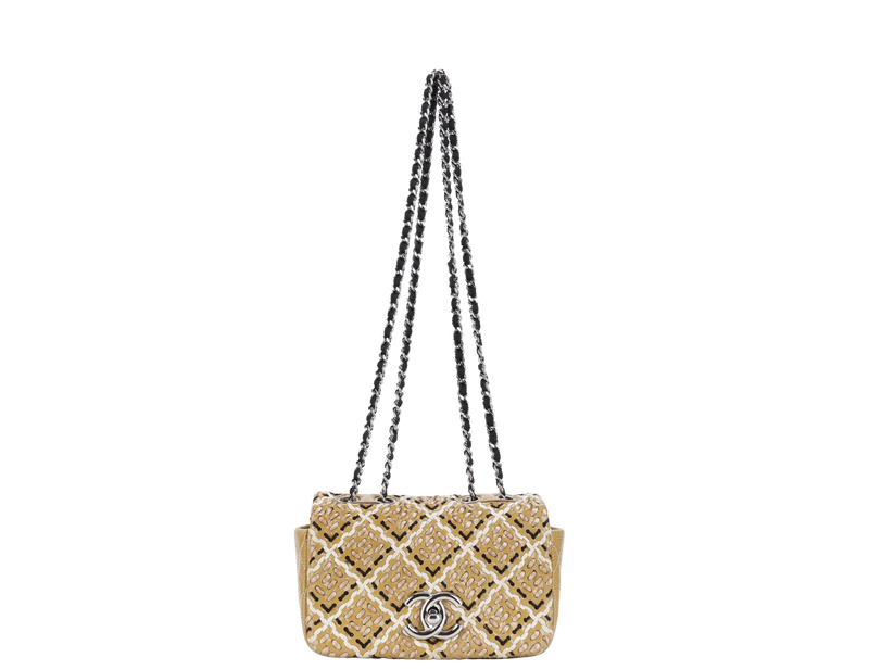 CHANEL MINI TWEED FLAP BAG (1445xxxx) BEIGE PATENT EMBROIDERED SILVER HARDWARE WITH DUST COVER AND CARD