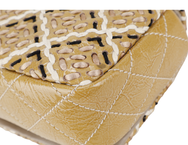 CHANEL MINI TWEED FLAP BAG (1445xxxx) BEIGE PATENT EMBROIDERED SILVER HARDWARE WITH DUST COVER AND CARD