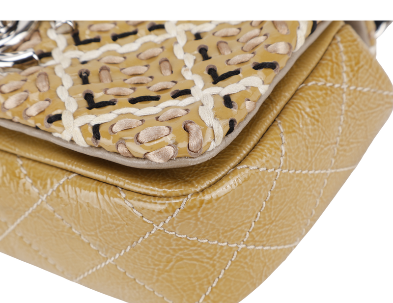 CHANEL MINI TWEED FLAP BAG (1445xxxx) BEIGE PATENT EMBROIDERED SILVER HARDWARE WITH DUST COVER AND CARD