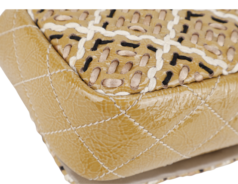 CHANEL MINI TWEED FLAP BAG (1445xxxx) BEIGE PATENT EMBROIDERED SILVER HARDWARE WITH DUST COVER AND CARD