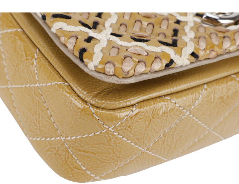 CHANEL MINI TWEED FLAP BAG (1445xxxx) BEIGE PATENT EMBROIDERED SILVER HARDWARE WITH DUST COVER AND CARD