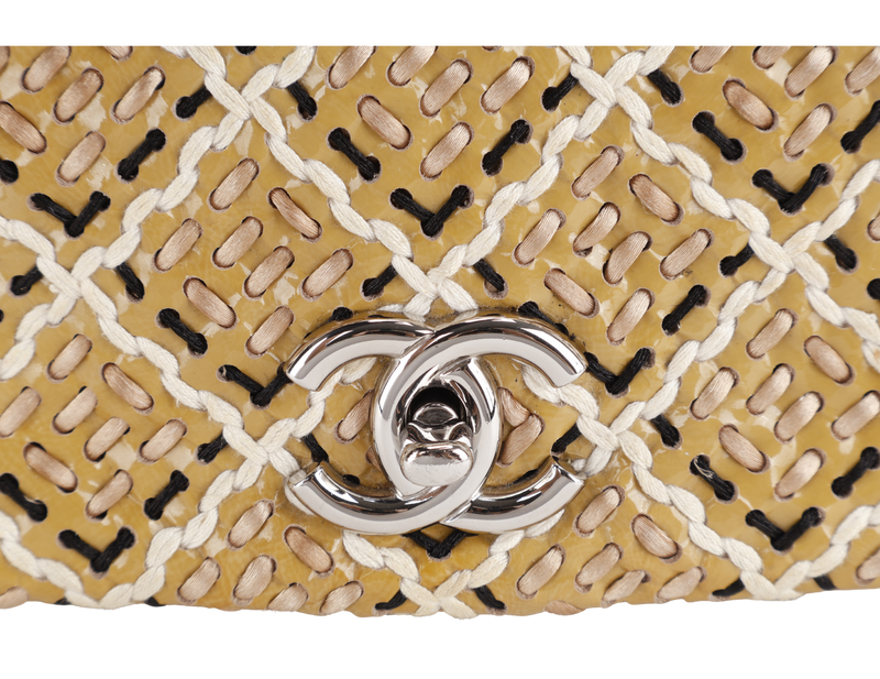 CHANEL MINI TWEED FLAP BAG (1445xxxx) BEIGE PATENT EMBROIDERED SILVER HARDWARE WITH DUST COVER AND CARD