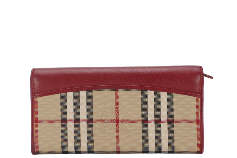 BURBERRY CHECK RED CANVAS LONG WALLET GOLD HARDWARE WITH DUST COVER AND BOX