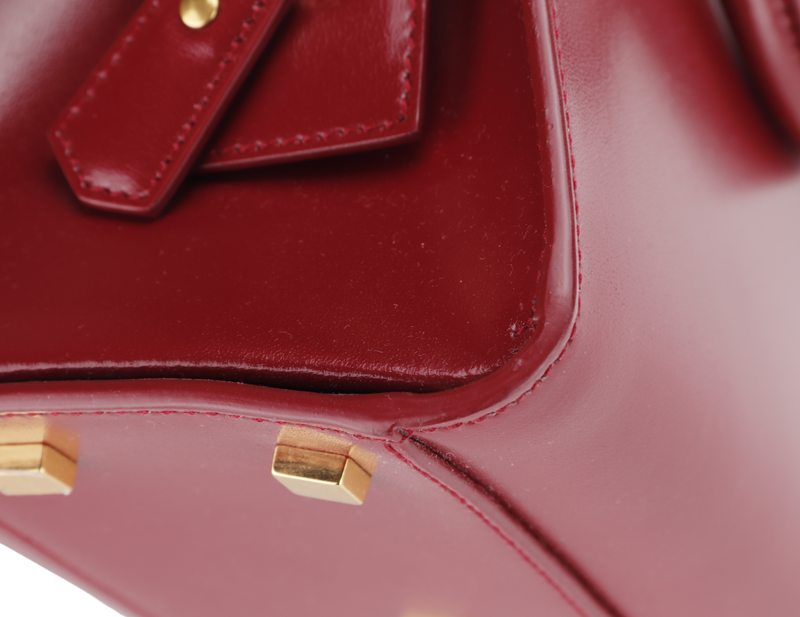 YSL SMALL UPTOWN MAROON BOX LEATHER TOTE, GOLD HARDWARE, WITH STRAP, CARD & DUST COVER