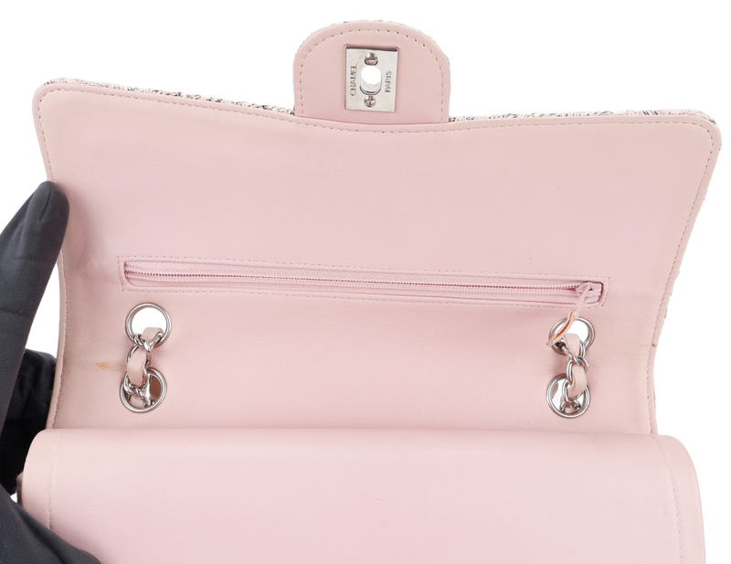 CHANEL CLASSIC FLAP (1004xxxx) MEDIUM PINK TWEED LEATHER SILVER HARDWARE WITH CARD