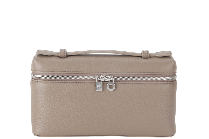 LORO PIANA EXTRA POCKET L19 ETOUPE COLOR GRAINED CALFSKIN WITH STRAP SILVER HARDWARE WITH DUST COVER AND BOX