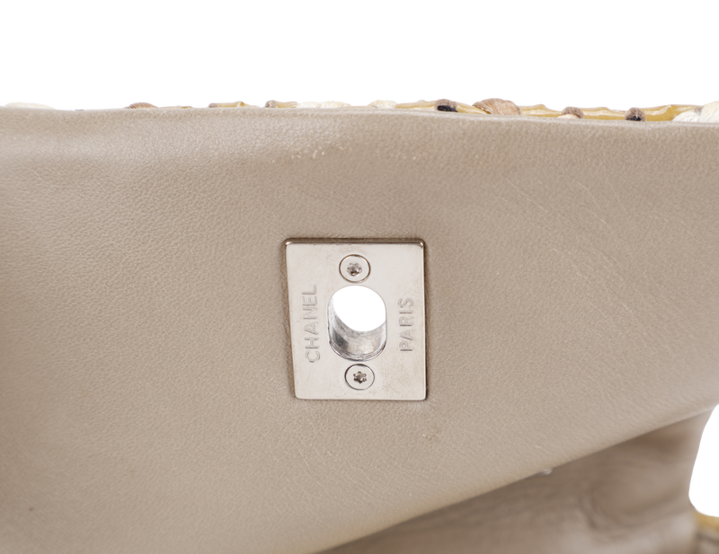 CHANEL MINI TWEED FLAP BAG (1445xxxx) BEIGE PATENT EMBROIDERED SILVER HARDWARE WITH DUST COVER AND CARD