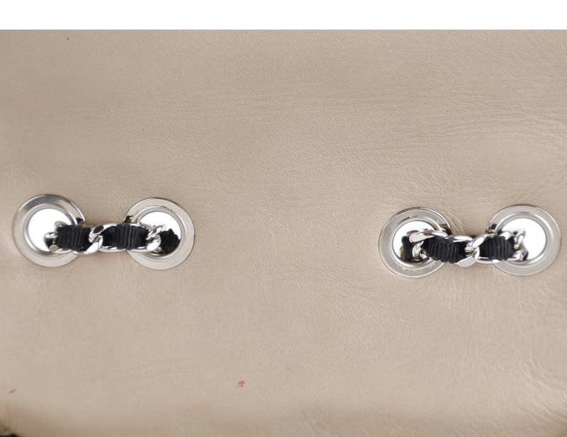 CHANEL MINI TWEED FLAP BAG (1445xxxx) BEIGE PATENT EMBROIDERED SILVER HARDWARE WITH DUST COVER AND CARD
