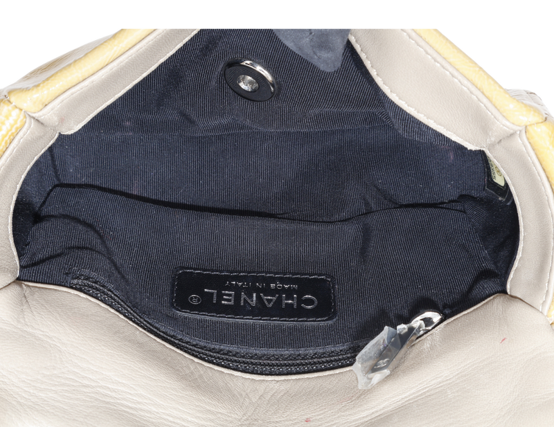 CHANEL MINI TWEED FLAP BAG (1445xxxx) BEIGE PATENT EMBROIDERED SILVER HARDWARE WITH DUST COVER AND CARD
