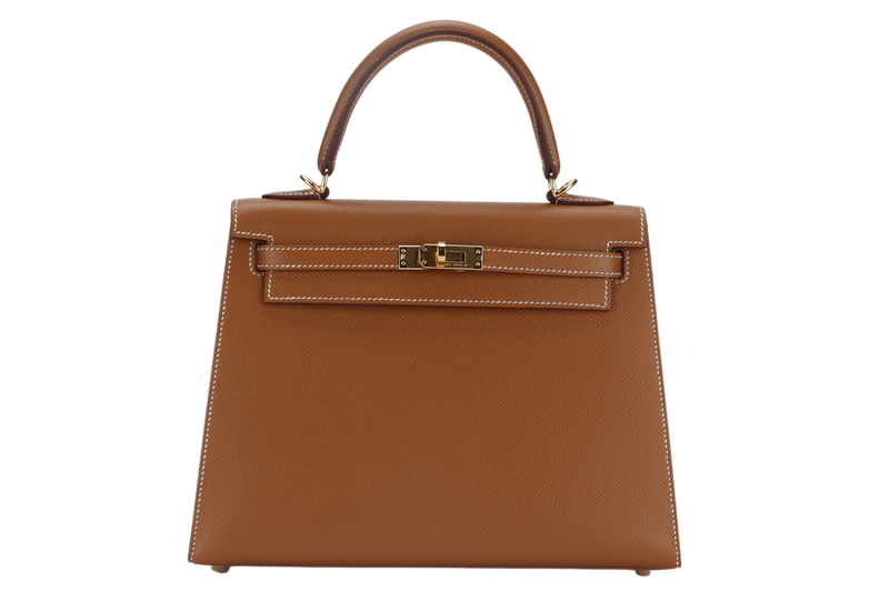 HERMES KELLY 25CM GOLD EPSOM LEATHER STAMP Z WITH STRAPS, DUST COVER AND BOX