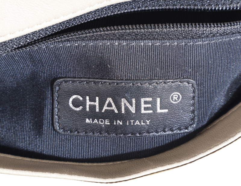 CHANEL MINI TWEED FLAP BAG (1445xxxx) BEIGE PATENT EMBROIDERED SILVER HARDWARE WITH DUST COVER AND CARD