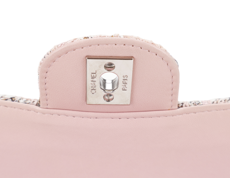 CHANEL CLASSIC FLAP (1004xxxx) MEDIUM PINK TWEED LEATHER SILVER HARDWARE WITH CARD