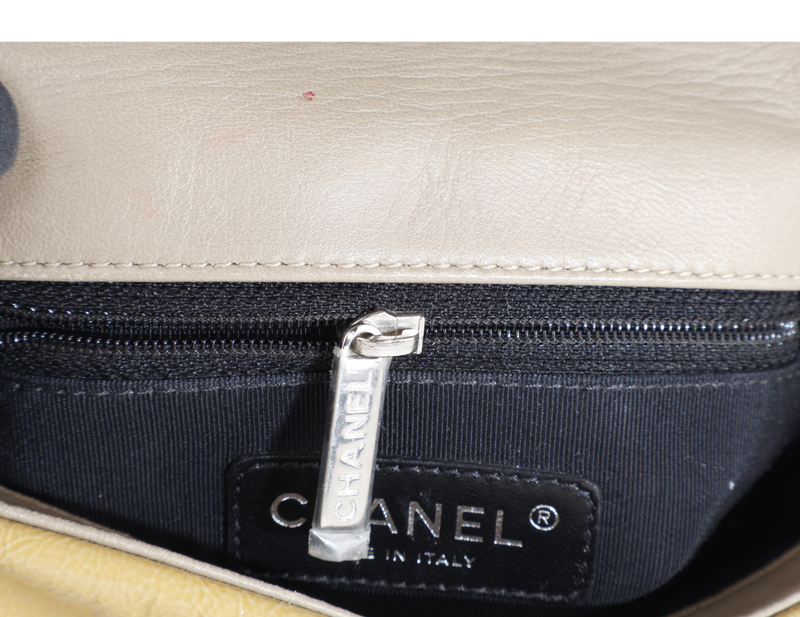 CHANEL MINI TWEED FLAP BAG (1445xxxx) BEIGE PATENT EMBROIDERED SILVER HARDWARE WITH DUST COVER AND CARD