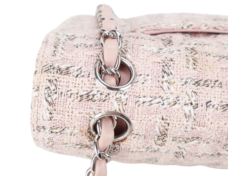 CHANEL CLASSIC FLAP (1004xxxx) MEDIUM PINK TWEED LEATHER SILVER HARDWARE WITH CARD