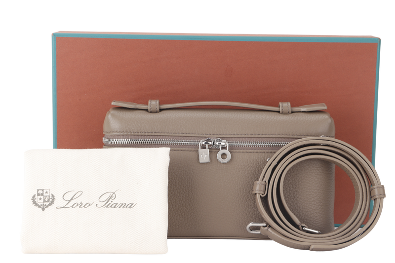 LORO PIANA EXTRA POCKET L19 ETOUPE COLOR GRAINED CALFSKIN WITH STRAP SILVER HARDWARE WITH DUST COVER AND BOX