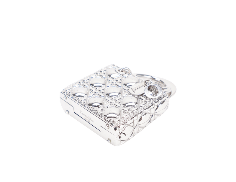 CHRISTIAN DIOR LADY DIOR I ON IN SILVER METAL CHARMS AND PILL BOX WITH DUST COVER AND BOX