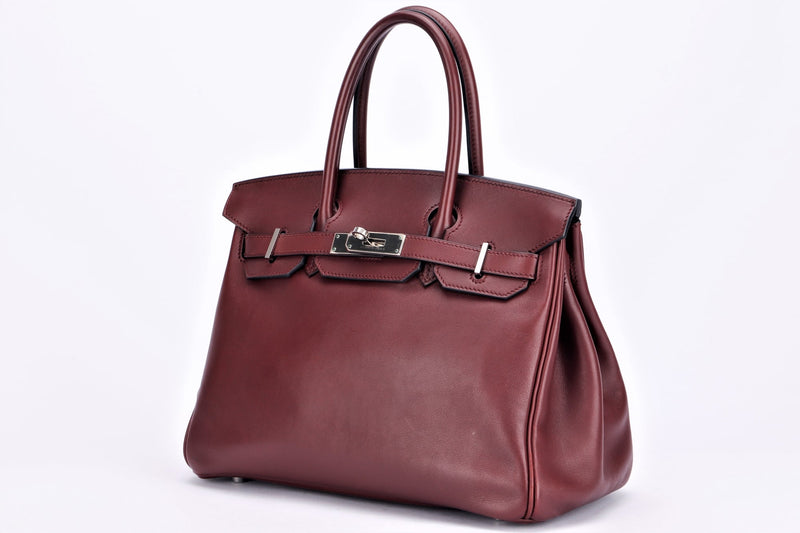 Hermes Birkin 30cm (Stamp M) Rouge H Color Swift Leather, Silver Hardware, with Keys, Raincoat & Dust Cover, no Lock